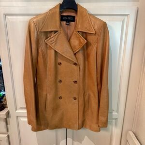 Vintage Ellen Tracy camel colored leather pea coat.